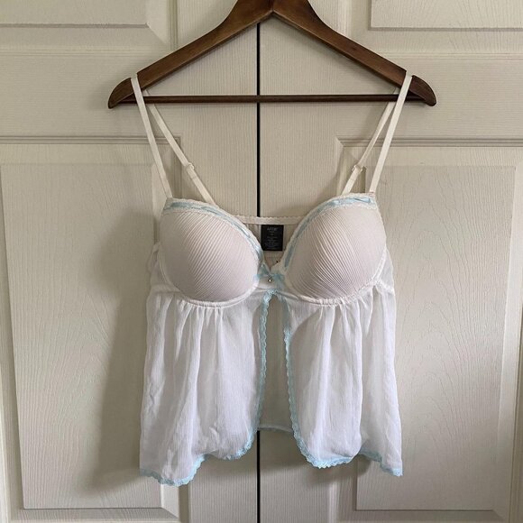 Apt 9 Womens White Blue Lace Ribbon Trim Underwire Bra Split Front Teddy Size XL - Picture 2 of 10